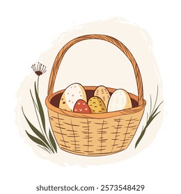 Basket filled with colorful Easter eggs and wildflowers.