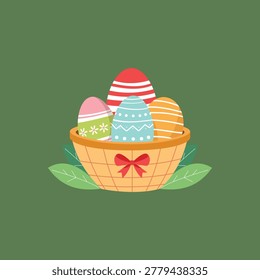A basket filled with colorful Easter eggs and green leaves on green background