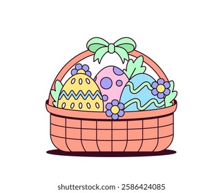 Basket filled with decorated Easter eggs and flowers cartoon illustration vector hand drawn for  celebration and springtime