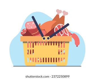 Basket filled with different kinds of meat products chops, sausages, bacon, ham and chicken. Butcher shop assortment. Supermarket products. Cartoon flat style isolated vector concept