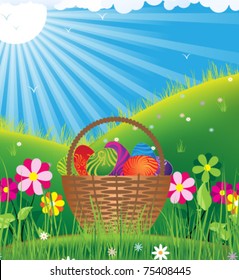 Basket filled with eggs among flowers on a sunny meadow