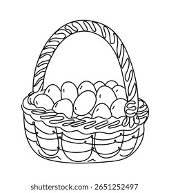 Basket filled with fresh eggs in outline style. Concept of farm fresh produce and Easter holiday symbol for coloring book design.