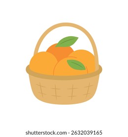 Uma cesta cheia de laranjas frescas. Conceito de citrinos saudáveis isolados sobre fundo branco. Perfeito para embalagens de alimentos, rótulos de mercado orgânicos e desenhos sazonais. Ilustração vetorial.