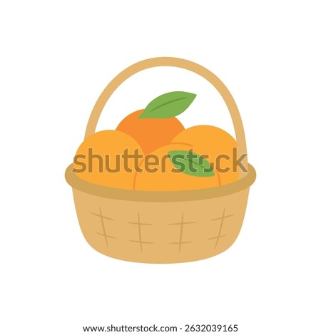 A basket filled with fresh oranges. Healthy citrus fruits concept isolated on white background. Perfect for food packaging, organic market labels, and seasonal designs. Vector illustration.