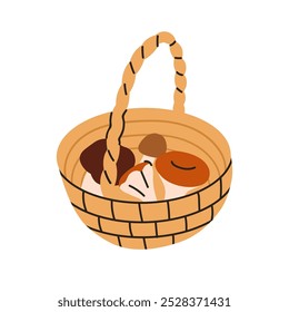 Basket filled with mushrooms. Forest fungi, picked collected autumn harvest. Wicker full of edible fungus, natural fall seasonal food. Flat graphic vector illustration isolated on white background