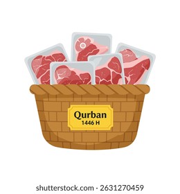 A basket filled with packaged raw meat, labeled "Qurban 1446 H", ready for the festival.