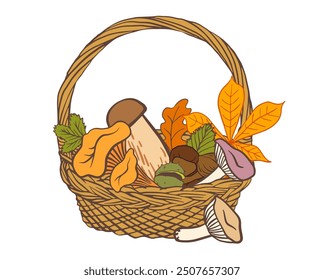 basket filled with various autumn elements like mushrooms, leaves, and chestnuts. Ideal for seasonal designs, harvest-themed projects, or rustic decorations, poster, banner, greeting card, invitation.