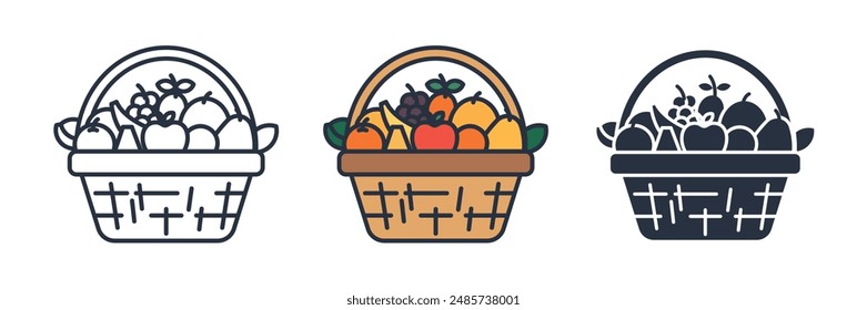 Cesta llena de varias frutas Icono Ilustración vectorial aislada sobre fondo blanco