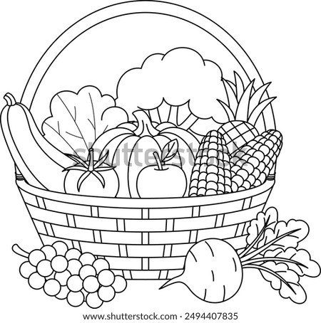 Basket filled with vegetables and fruits outline coloring page