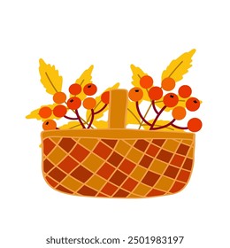 Basket filled with vibrant autumn berries and leaves, showcasing seasonal harvest