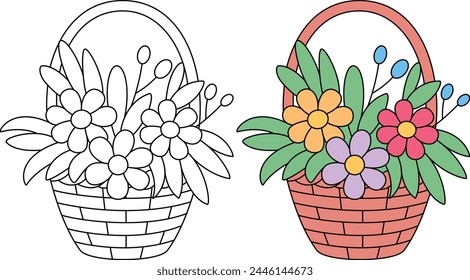 Basket of flower coloring page for kids. Mothers day vector illustration 