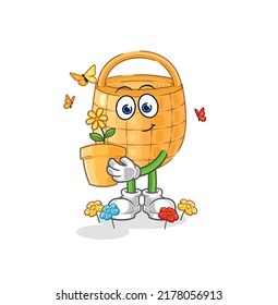 la cesta con una jarra de flores. vector de caracteres