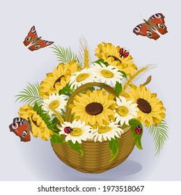 Basket with flowers and butterflies.Sunflowers and daisies in a basket on a colored background in a vector illustration.