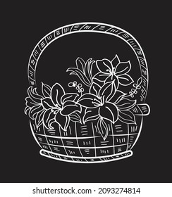 Blumenkorb, Kreide, Vektorgrafik einzeln auf dunklem Hintergrund. Konzept für Logo, Druck, Karten