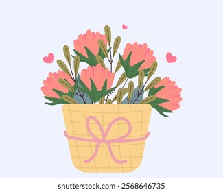 Basket with flowers. Floral springtime hand drawn illustration.