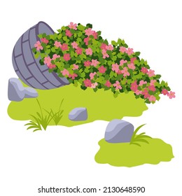 Basket with flowers. Flowerbed. Summer. Garden and vegetable garden. Vector illustration in a flat style.