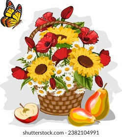 Basket with flowers and fruits.Vector illustration with sunflowers, poppies, daisies in a wicker basket and fruits.