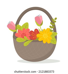 A basket with flowers and green leaves. Vector illustration in a flat style isolated on white background