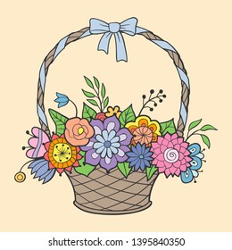 Basket of flowers with handle decorated with ribbon and bow. Colored vector illustration