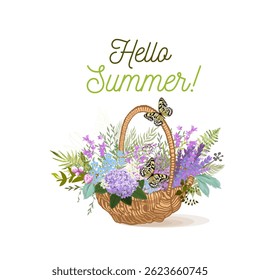 Basket of flowers. Hello summer. hand drawn. Not AI, Vector illustration.