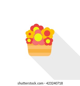 Basket with flowers icon, flat style