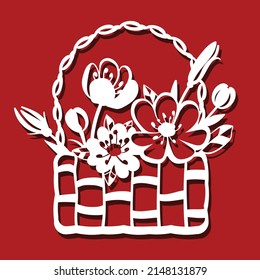 Basket with flowers for laser cutting. Vector illustration