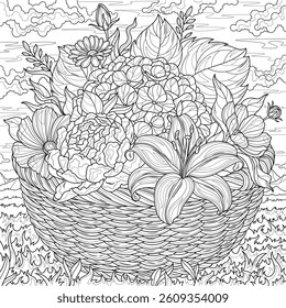 A basket of flowers on the lawn.Coloring book antistress for children and adults. Illustration isolated on white background.Zen-tangle style. Hand draw