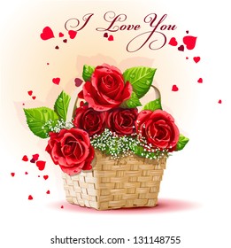 Basket of flowers on a white background. Large basket of red roses. Vector illustration