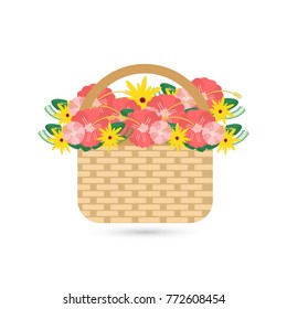 Basket with flowers on white background. vector illustration.