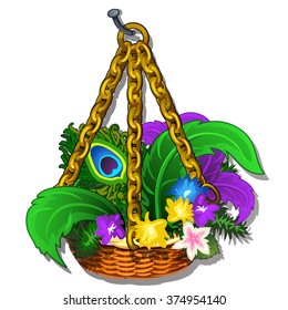 Basket with flowers and peacock feathers hanging on a chain. Vector.