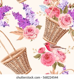 Basket with flowers seamless