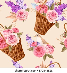 Basket with flowers seamless