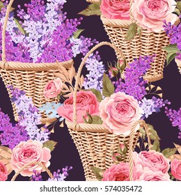 Basket with flowers seamless