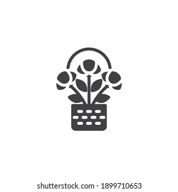 Basket of flowers vector icon. filled flat sign for mobile concept and web design. Flowers bouquet basket glyph icon. Symbol, logo illustration. Vector graphics