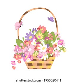 basket of flowers. vector image of a bouquet of different flowers in a gift basket