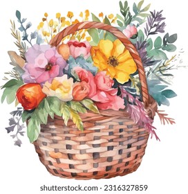 Basket with flowers watercolor clipart