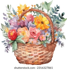 Basket with flowers watercolor clipart