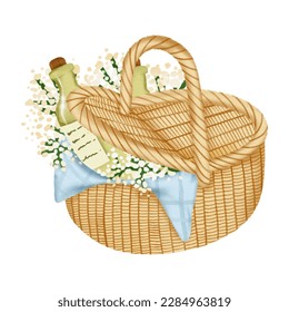 Basket with flowers and wine bottles