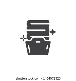 Basket with folded towels vector icon. filled flat sign for mobile concept and web design. Laundry, clean towel glyph icon. Symbol, logo illustration. Vector graphics