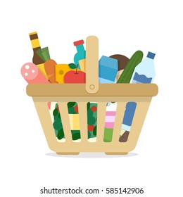 Basket with food and different goods. Flat style vector illustration.