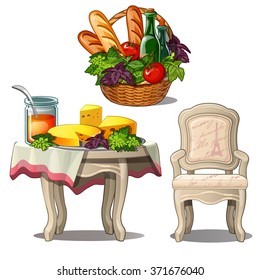 Basket with food. Dining table. Vector.