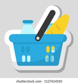 Basket with food and drink. The concept of online grocery order. Icon sticker. Vector illustration.