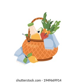 Basket with food and drinks flat cartoon icon isolated. Vector wicker container with fruits and vegetables, white blanket or napkin, juice or soda, lemon, carrot and apple, avocado and cucumber