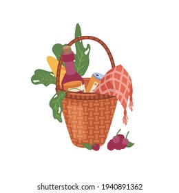 Basket with food and drinks isolated flat cartoon icon. Vector wicker container with green leaves, checkered napkin and bottle of wine, canned beer or soda and bread bakery, fruits and berries