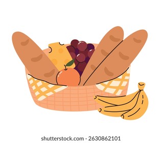 Basket with food for picnic. Baguette, cheese, grapes, orange, bananas. Flat vector illustration.