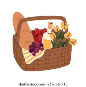 Basket with food for picnic. Baguette, grapes, strawberries, wine. Flat vector illustration.