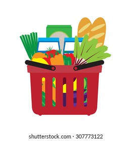 Basket with food. Shopping in the store. Vector illustration.