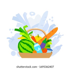 Basket with food. Vegetables, fruits, bread. Grocery silhouettes on the background. Vector cartoon illustration isolated on white.