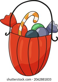 a basket in the form of a pumpkin with candies for the halloween holiday in a flat style on a transparent background