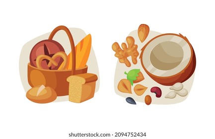 Basket with Fresh Baked Bread and Nuts with Coconut and Hazelnut Vector Set